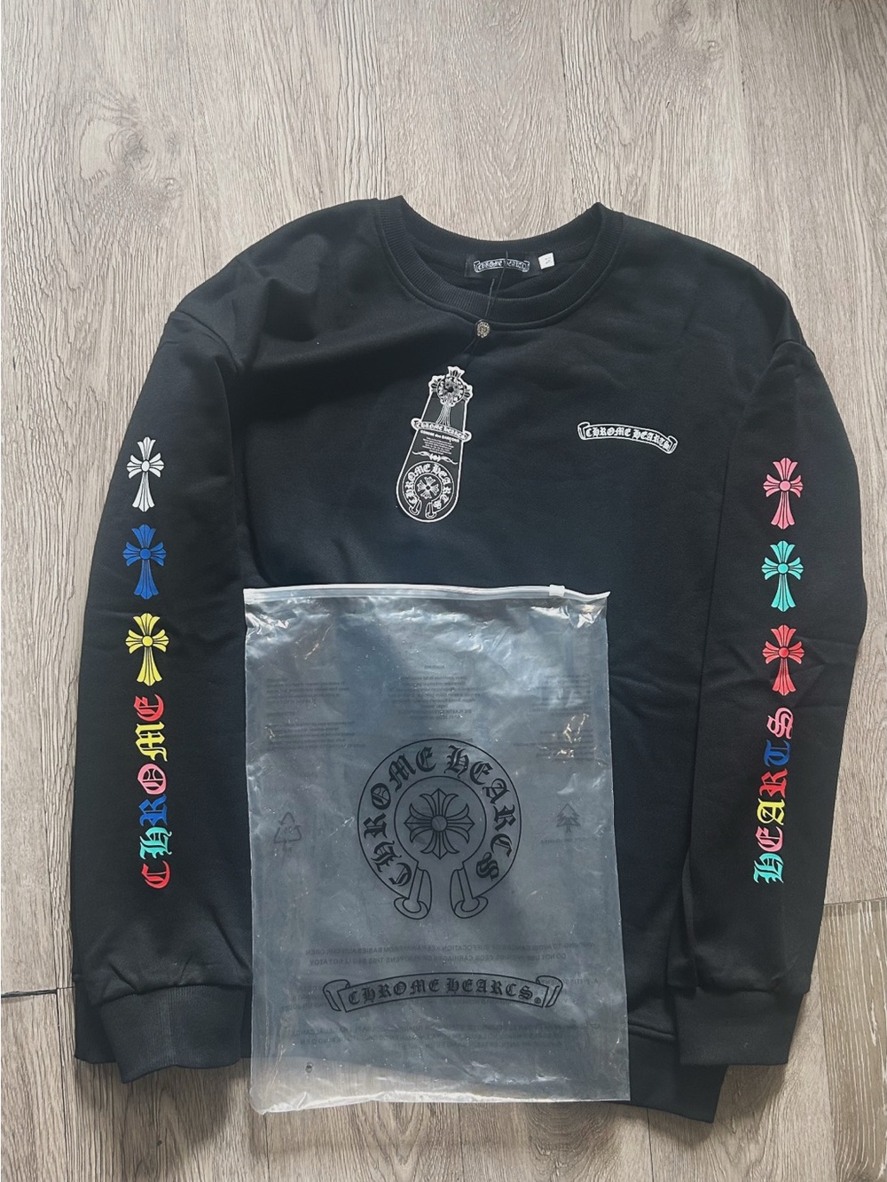 Chrome Hearts Black Crewneck with Multicolor Sleeve Crosses